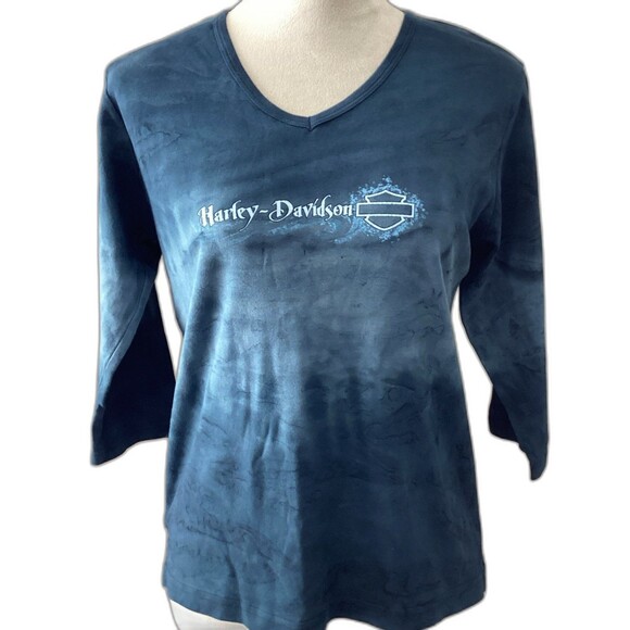 Harley-Davidson Shirt Women's Size XL Blue Barrett El Paso TX 3/4 Dyed V-Neck - Picture 1 of 9